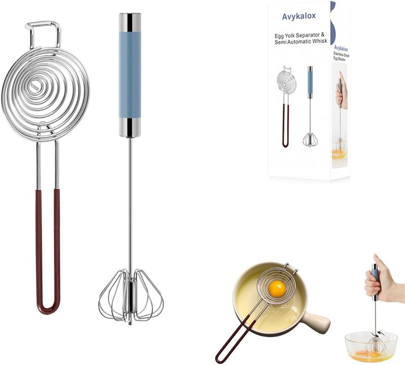 Avykalox Semi Automatic Whisk & Egg Yolk Separator, Stainless Steel Mini Hand Push Whisk, Hand Mixer Egg Beater Wisking Tool & Egg Separator for Raw Eggs Set, for Cooking, Baking - Image 1